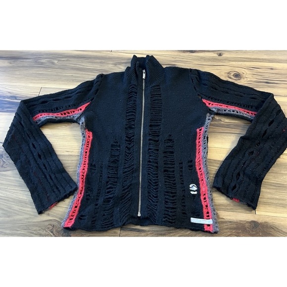 Firetrap Sweaters - Firetrap Y2K 100% Wool Zip Full Zip Sweater Womens M Distressed Knit Grunge Goth